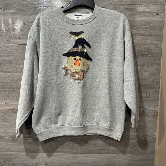 Vintage Scarecrow Sweatshirt Adult Large Gray Fall Handmade Crewneck - Picture 1 of 9